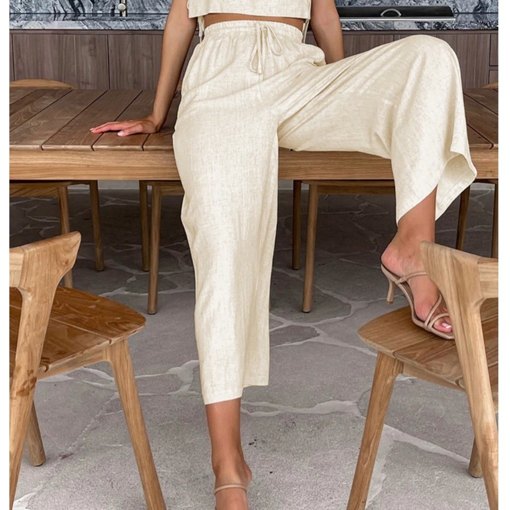 Commense‎ Womens Small Oatmeal Beige Linen Blend Wide Leg Drawstring Pants NWOT